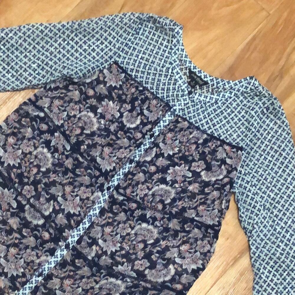 Lucky Brand Blue, Pink, and White Floral Mixed Media Long Sleeve Sheer Blouse